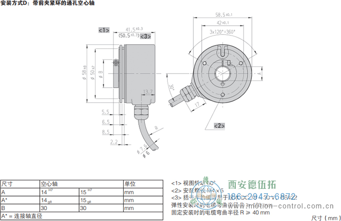 RI58-G/RI58-TG空心軸光電增量通用編碼器的外形及安裝尺寸(安裝方式D：帶前夾緊環(huán)的通孔空心軸) - 西安德伍拓自動(dòng)化傳動(dòng)系統(tǒng)有限公司